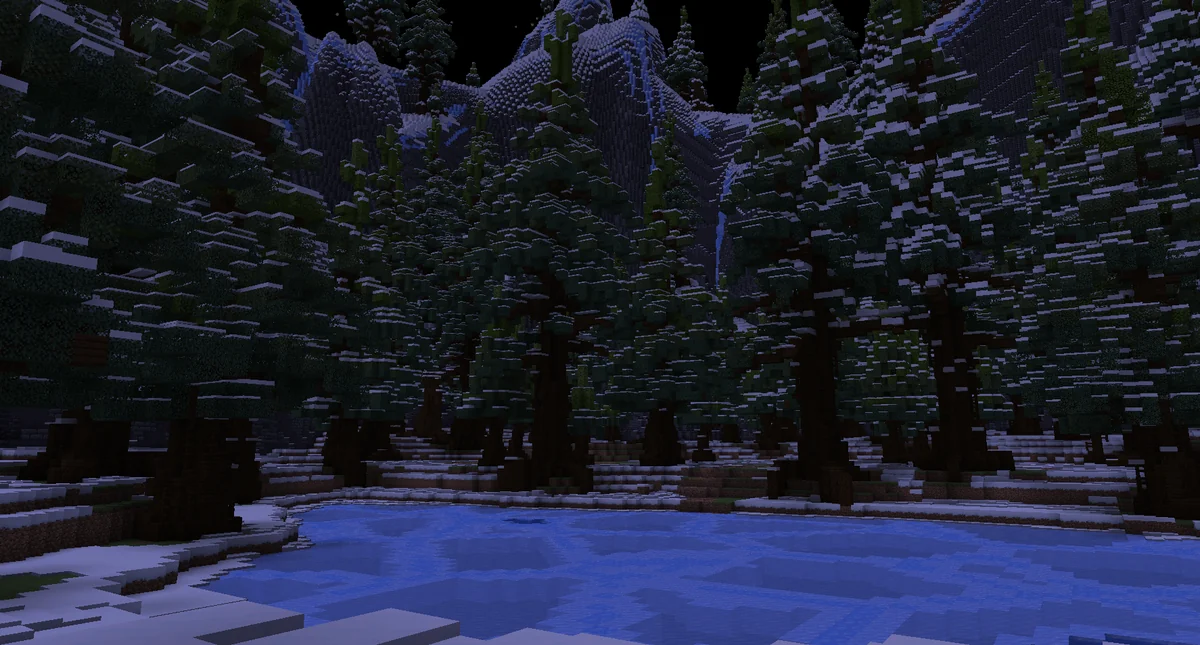 Bosque de coníferas nevadas junto al agua en Minecraft