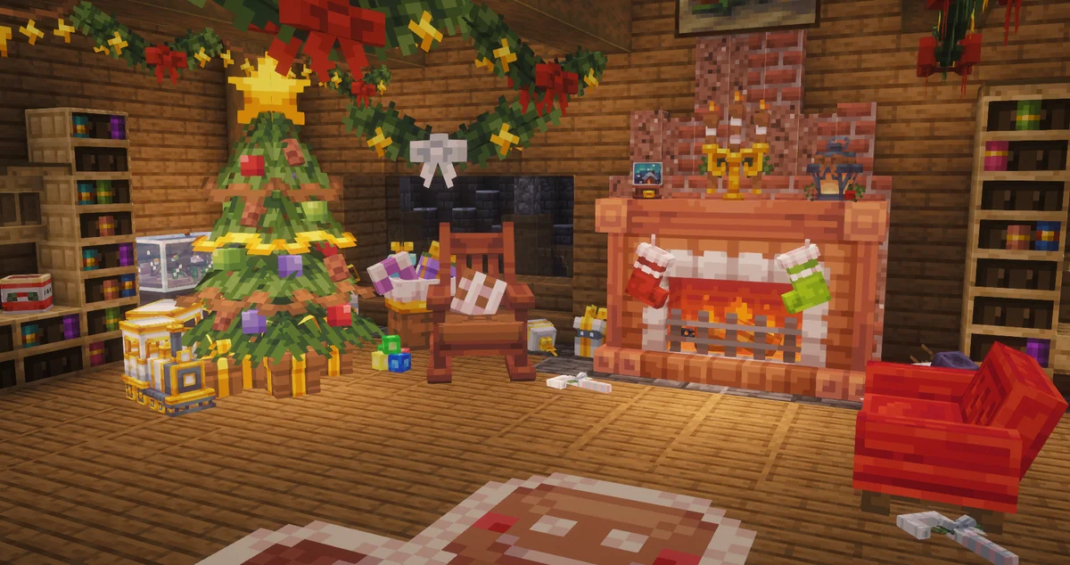 Interior de Minecraft con árbol de Navidad, regalos y chimenea