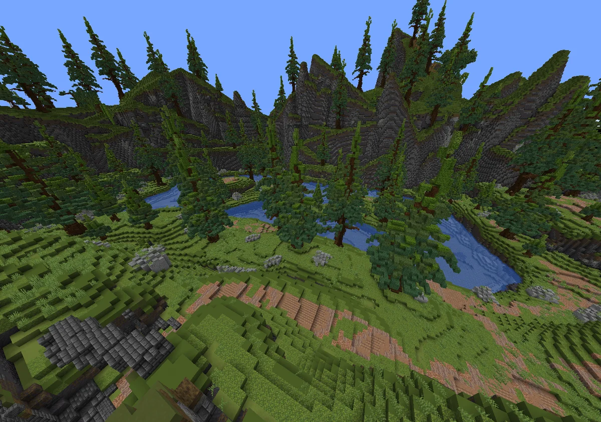 Paisaje de Minecraft con montañas, coníferas y río